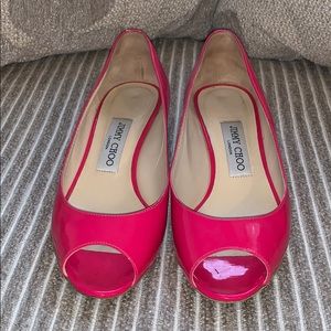 Jimmy Choo Hot Pink Patent Leather Peep-Toe Wedges